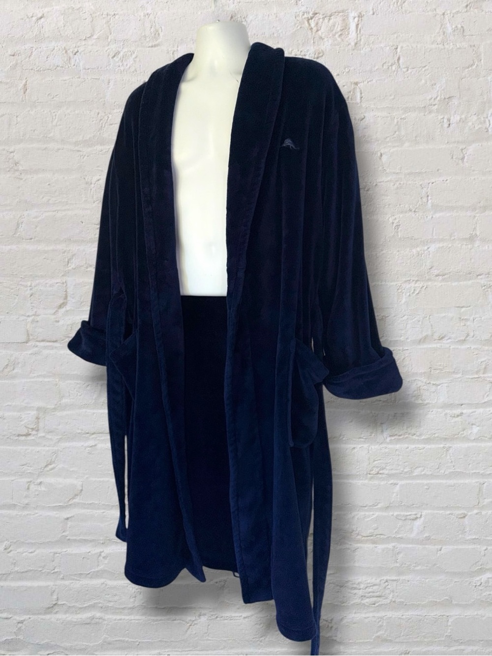 Tommy Bahama Men’s Plush Robe L/XL Navy Blue Belted Shawl Collar Marlin Logo